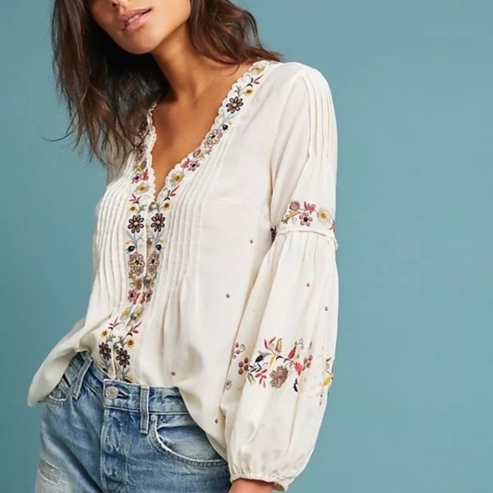 Anthropologie Carthage Embroidered Peasant Top